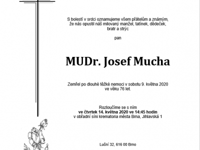 V sobotu 9. května zemřel po dlouhé těžké nemoci MUDr. Josef Mucha