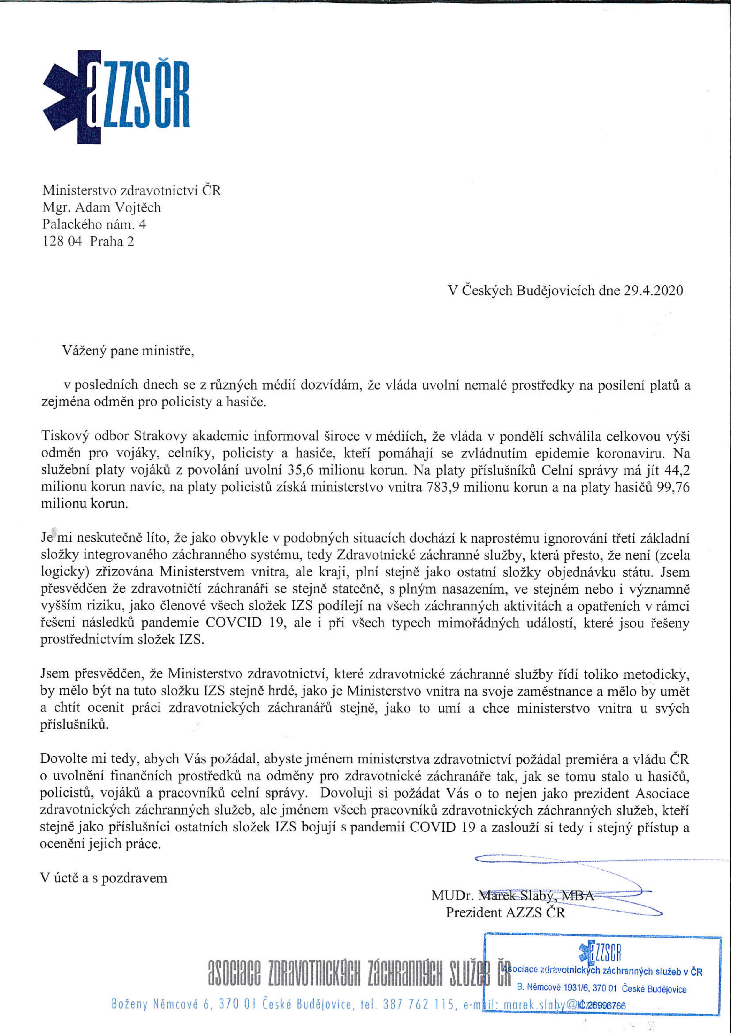 Dopis AZZS ČR ministrovi zdravotnictví